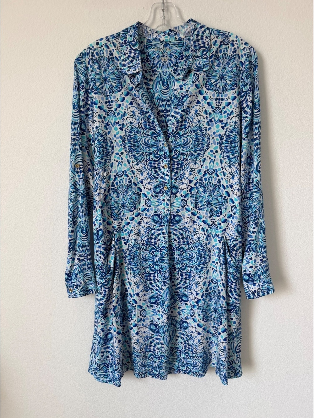 Lilly Pulitzer Long Sleeve Half Button Blue/White Elsa Shirt Dress Size XS